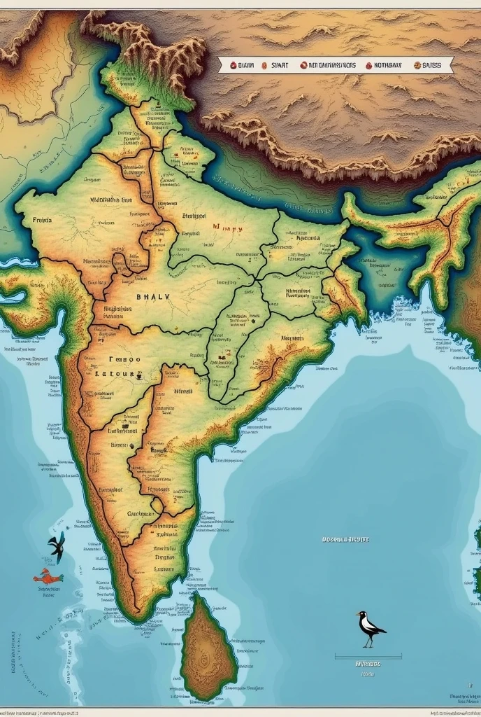 A detailed geographical map of Northeast India with the Seven Sisters prominently marked and outlined. Overlay the map with a list of the Seven Sisters states in a banner-style design at the top or bottom, with each state name paired with a small image or icon representing a key cultural or natural feature of the state, such as a hornbill for Nagaland or a living root bridge for Meghalaya.
