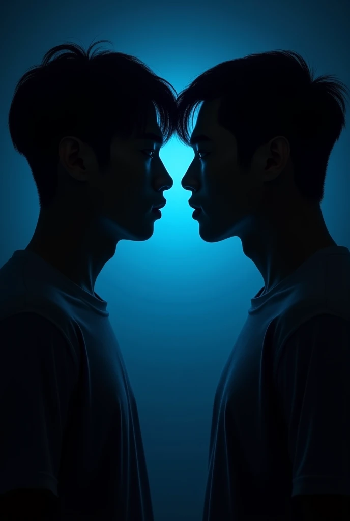 Deux hommes coréen entrain de se regarder et visage proche dans le noir en voyant seulement la silhouette dans le noir. Un homme filipin un peu gros avec des grosses lèvre avec un air innocent et l’autre homme d’affaire dans le noir complet deux hommes dans le noir avec une lumière bleu derriere romantique avec des tshirts avec un homme avec la coupe au bol type coreen