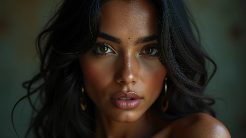a beautiful mysterious Indian woman, Western fashion, intricate detailed face, piercing eyes, long eyelashes, delicate skin, natural beauty, flowing hair, candid elegant pose, dramatic lighting, cinematic mood, muted color palette, chiaroscuro lighting, high quality, photorealistic, 8k, intricate details, professional rendering