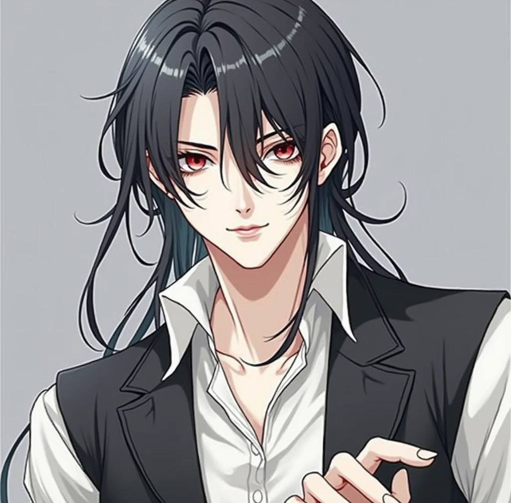 Long, black hair, Eyes red