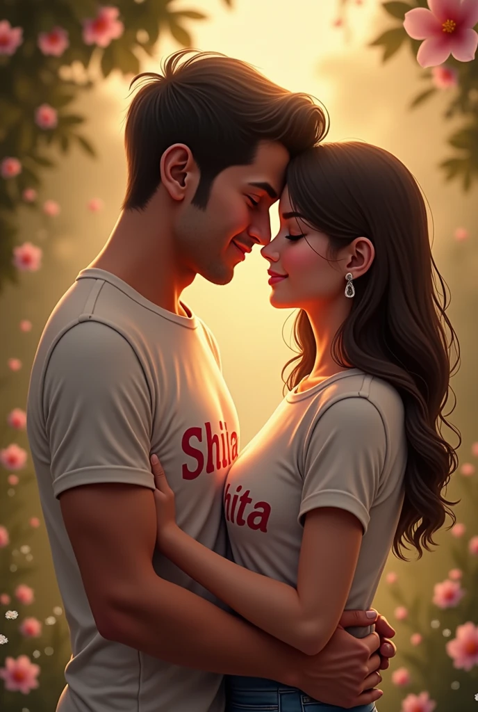 Male and female romancing there name shivam and girl name Akshita printed on t shirt 