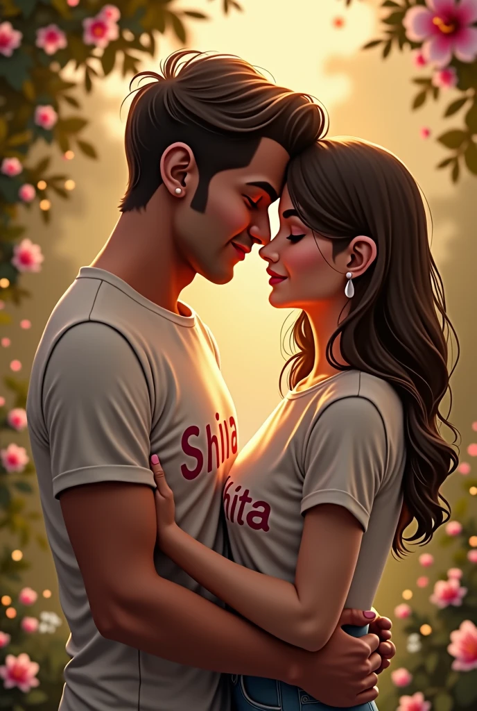 Male and female romancing there name shivam and girl name Akshita printed on t shirt