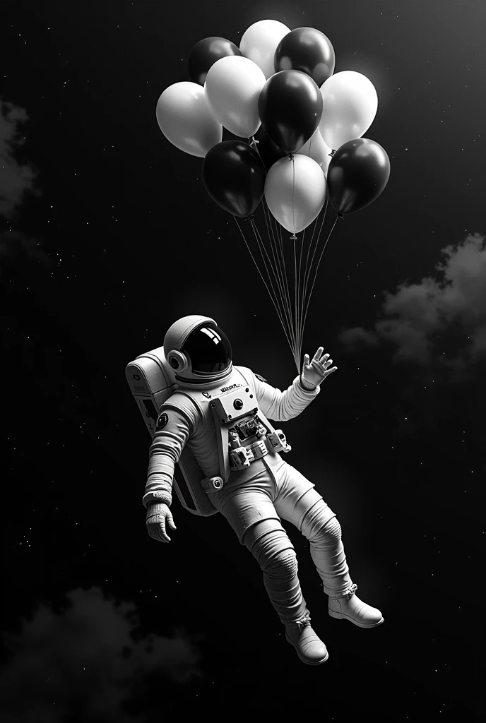 astronaut in space floating is space with black and white balloons in his hand, there are stars behind him in background, there are also space clouds