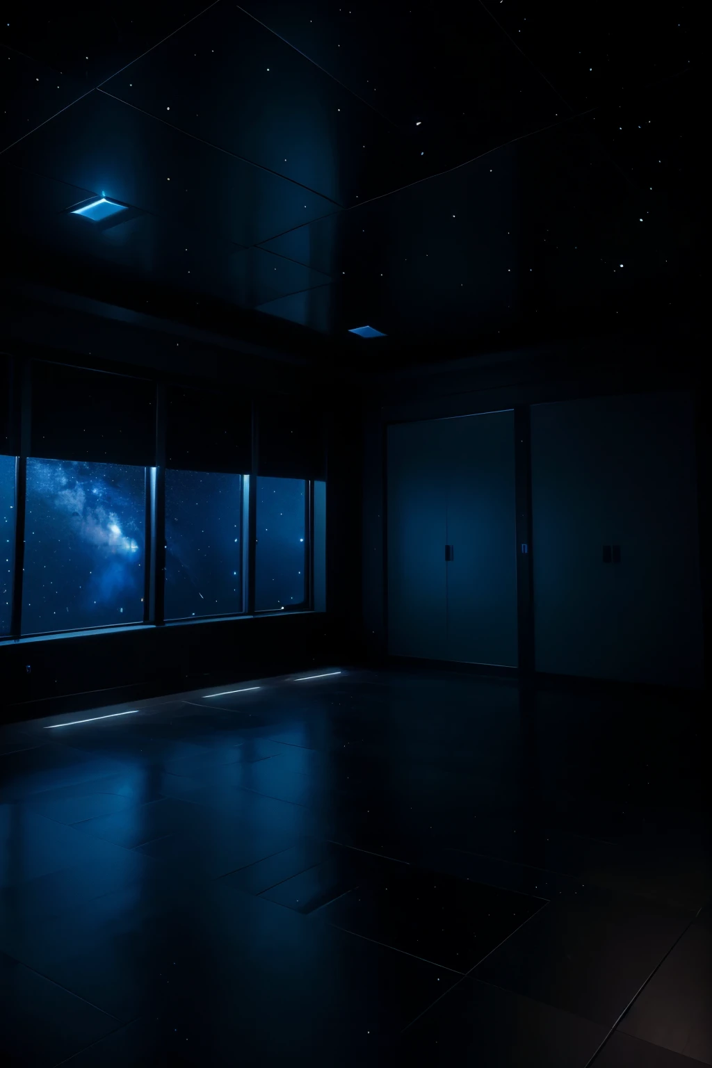 A well lit room with dark walls in a spaceship with a huge floor to ceiling window showing stars and black space.