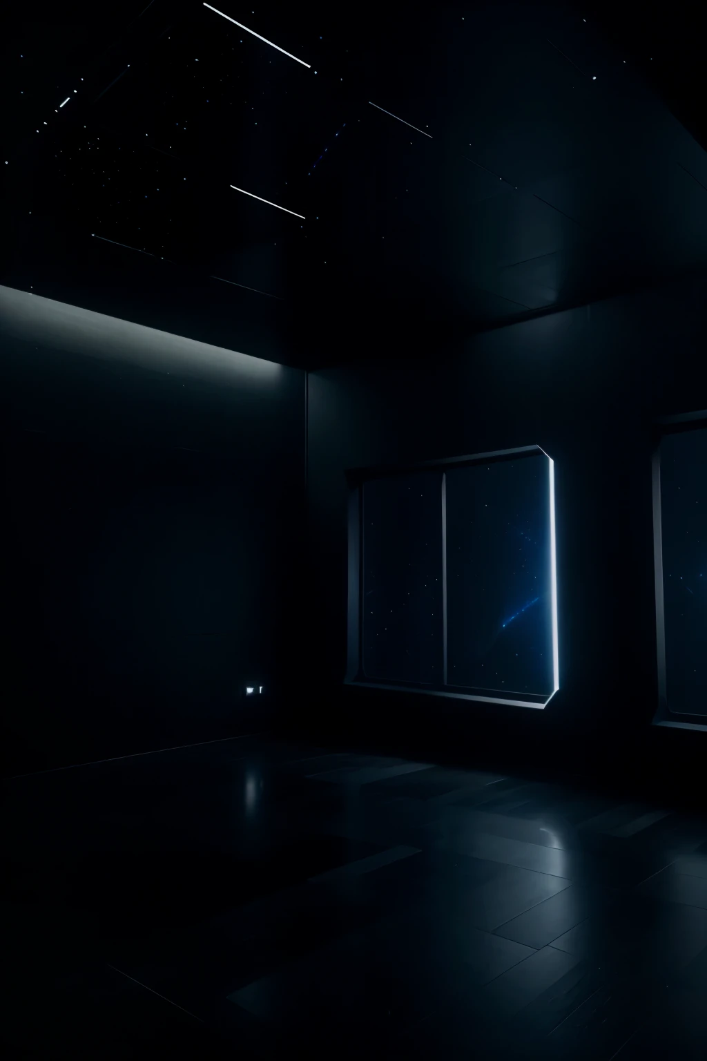 A well lit room with dark walls in a spaceship with a huge floor to ceiling window showing stars and black space.