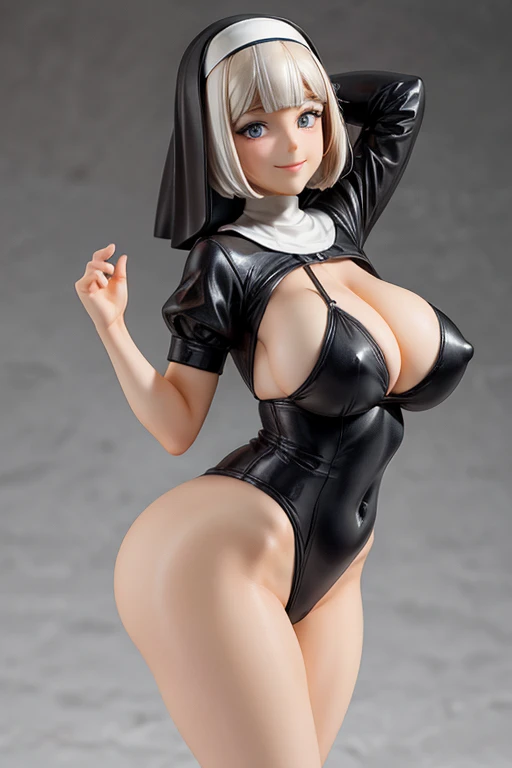 figure, nun, sexy pose, big breasts, curvy, smile, bob haircut, micro bikini 
