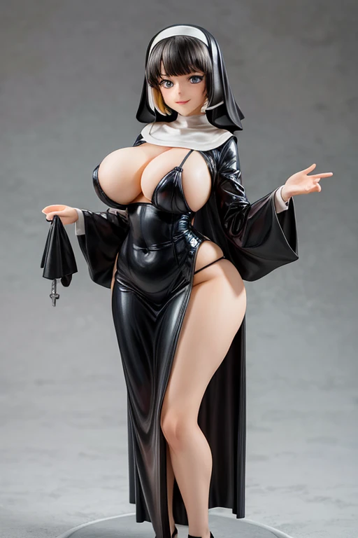 figure, nun, sexy pose, big breasts, curvy, smile, bob haircut, micro bikini