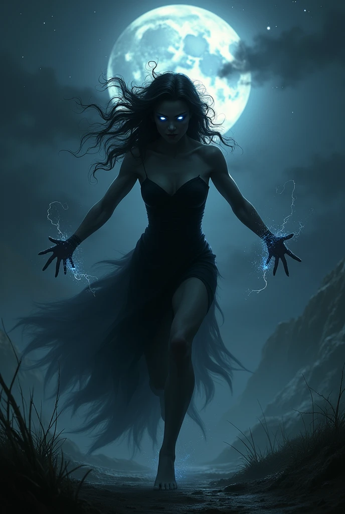 A scary yet sexy female shadow elemental lunging forward in the night.