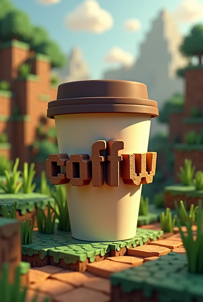 a banner with a cup of coffee in the shape of minecraft written coffww with a minecraft background too