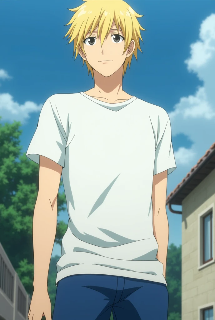 Au Haru Ride screenshot.Tall Man, His eyes are black and his hair is blonde., He wears blue pants and a white T-shirt, He has slightly long hair