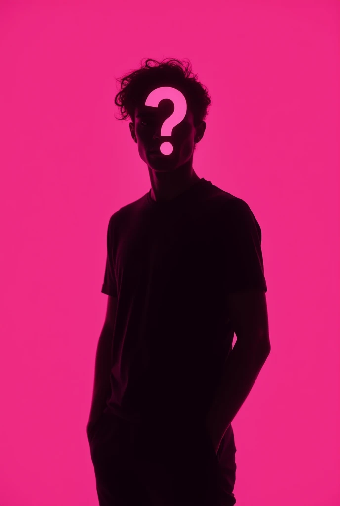 Generate the silhouette of a person from the hip up with a question mark on the face and with a neon background, make it something minimalist from the front and the background should be only neon pink.