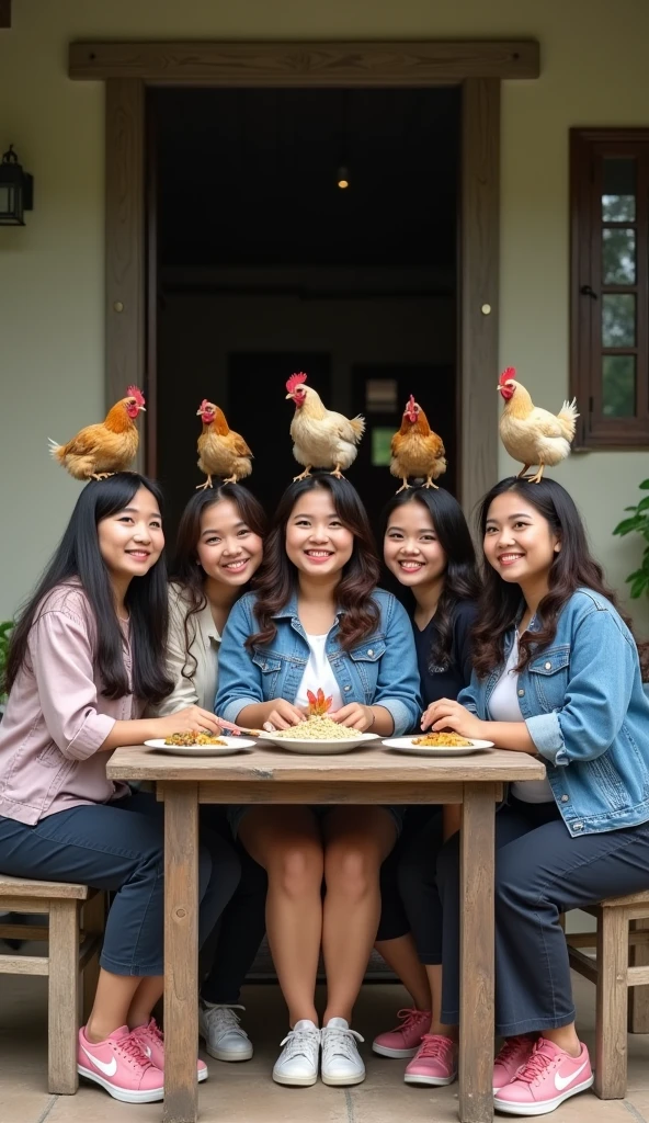 7 Beautiful Indonesian Women, his body is quite fat, fair skin, big nose, long wavy hair, wearing a denim jacket, long pants, wearing pink sneakers, sit down, eating position, on the table there is a plate of noodles and there are several free-range chickens standing on the woman's shoulders and head , happy faces all facing the camera, in front of the country house, morning mood, minimal defects, very detail, realistic, 8K picture