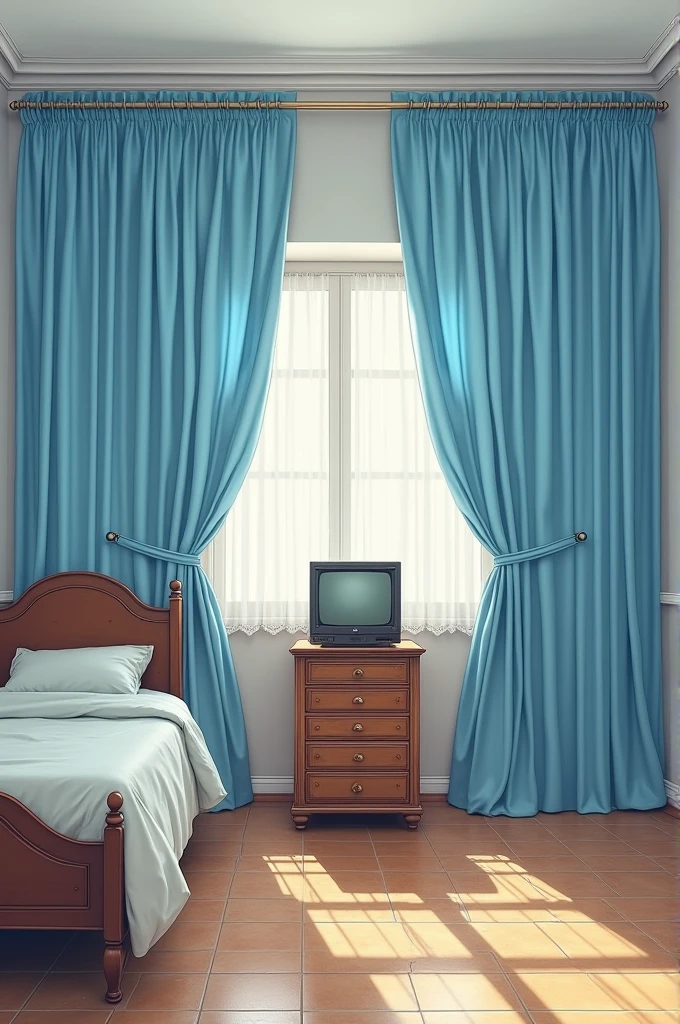 Please draw a realistic room measuring 3 meters by 3 meters.
On each wall, place exactly three sky-blue curtains, all of the same size. The curtains should be perfectly organized and closed, completely covering the walls behind them. There should be no windows or any other details behind the curtains, only the walls.
In one corner of the room, place a simple bed with an antique wooden headboard. The headboard should be against the back wall, and the left side of the bed should be against the left wall.
On the wall directly in front of the bed, place a rack with six drawers, positioned horizontally in the middle of the wall. On top of the rack, place an old tube television.
The floor should be made of old, brownish tiles.
Do not add any details other than those described. Be precise with the quantities and placements specified: exactly three curtains on each wall, no windows, and no additional items.