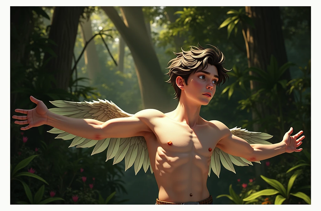 young mature boy in the jungle with wings arms open