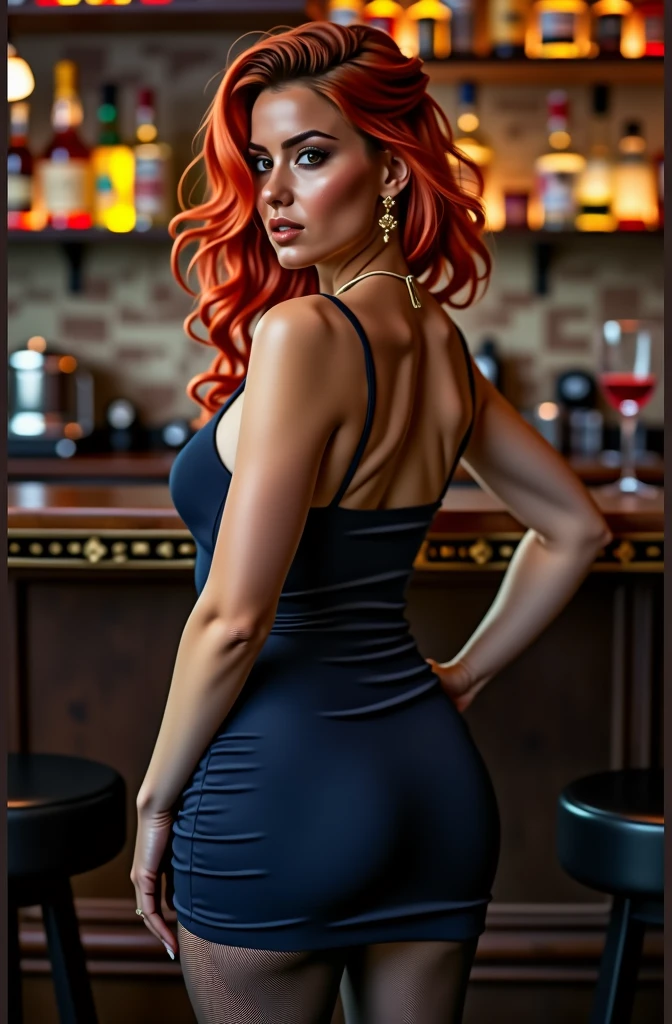 Canadian woman, ,  black Redhead hair side hairstyle, Big bust, posing from Back in photo in fullbody, Very open and sleeveless Dark blue bustie dress, black pantyhose, high heels, standing in a Bar, detailed face