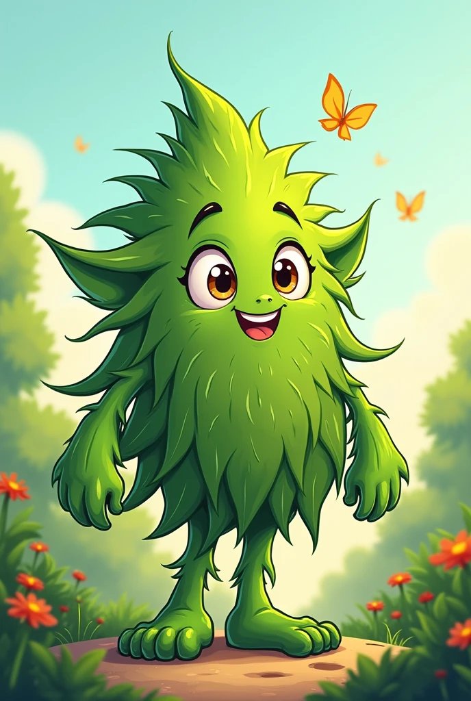 Cartoon illustration of a ???????? with human-like eyes, ears, hands and legs. But the hands and legs are leafy.