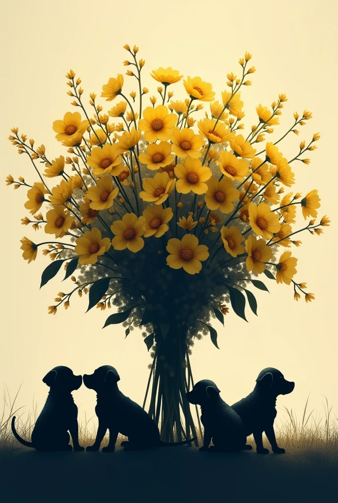 Give me a shadow of a bouquet with a dog. The idea is to show in advance the day of the yellow flowers but with puppies