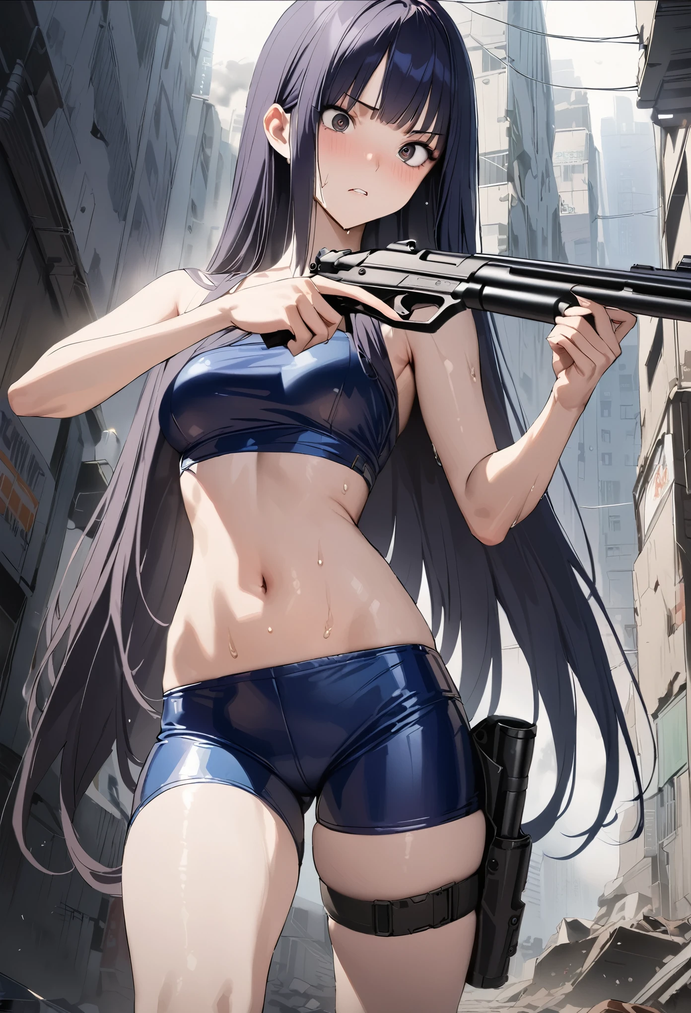 Action Scenes、((masterpiece,best quality anime,Highest quality:1.3)),realistic,cowboy shot,1woman,独奏,(30 year old beauty),((very small head:1.4)),((very long body:1.4)),(dark blue hair),straight long hair,(gorgeous big eyes),black eyes,Serious expression,((slender body:1.4,skinny)),(Dark blue tube top shirt、navel、Navy blue latex shorts),Leg Holster,medium breasts,sweat,holding handgun,(Shoot a gun,Shooting stance)、on road,Collapsed Buildings、Cyberpunk World、