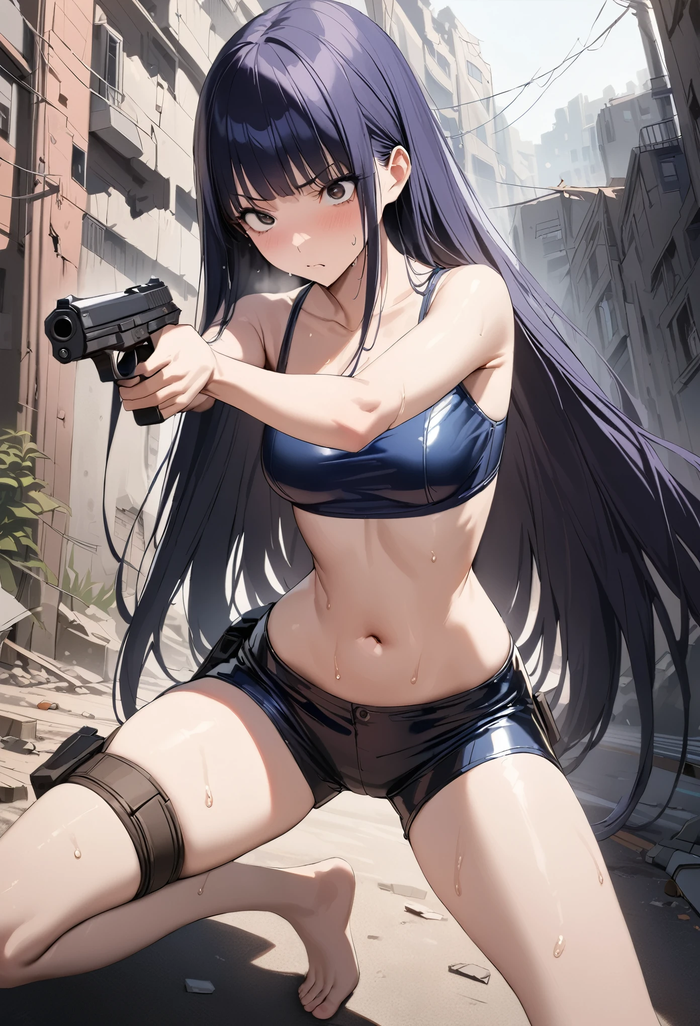 Action Scenes、((masterpiece,best quality anime,Highest quality:1.3)),realistic,cowboy shot,1woman,独奏,(30 year old beauty),((very small head:1.4)),((very long body:1.4)),(dark blue hair),straight long hair,(gorgeous big eyes),black eyes,Serious expression,((slender body:1.4,skinny)),(Dark blue tube top shirt、navel、Navy blue latex shorts),Leg Holster,medium breasts,sweat,holding handgun,(Shoot a gun,Shooting stance)、on road,Collapsed Buildings、Cyberpunk World、