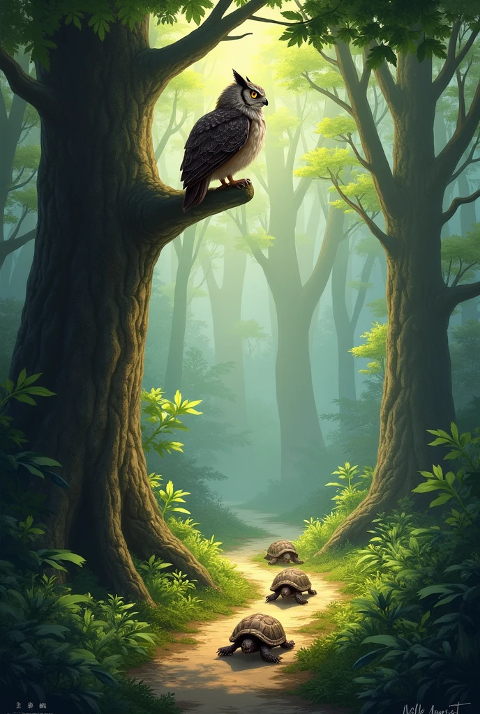 An owl from the top of a tree looks down a forest path at a family of turtles