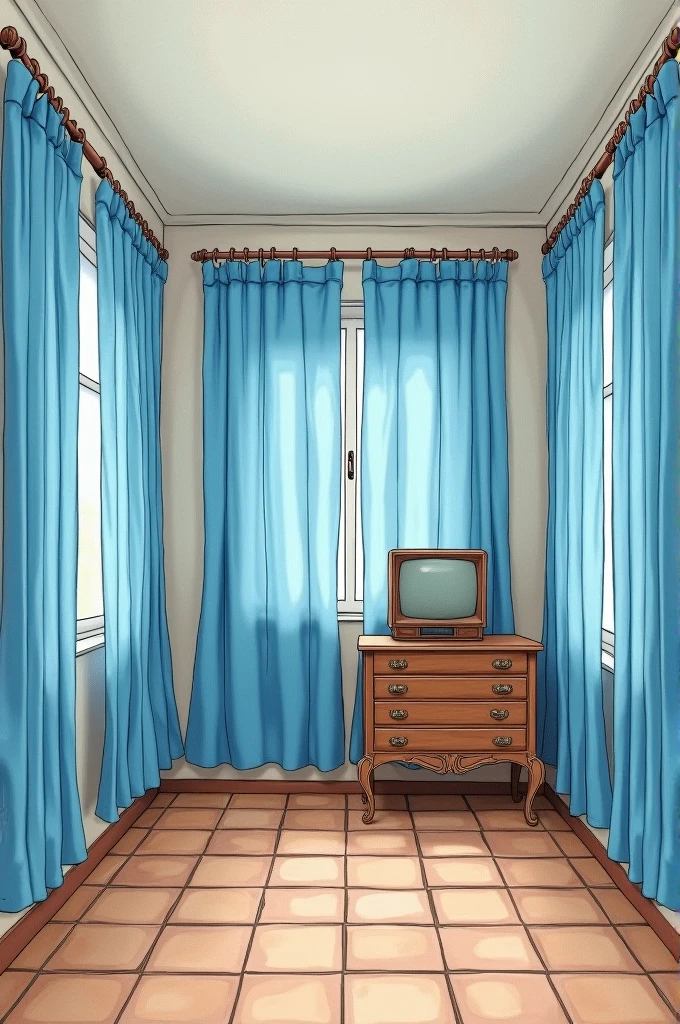 Please draw a realistic room measuring 3 meters by 3 meters.
On each wall, place exactly three sky-blue curtains, all of the same size. The curtains should be perfectly organized and closed, completely covering the walls behind them. There should be no windows or any other details behind the curtains, only the walls.
In one corner of the room, place a simple bed with an antique wooden headboard. The headboard should be against the back wall, and the left side of the bed should be against the left wall.
On the wall directly in front of the bed, place a rack with six drawers, positioned horizontally in the middle of the wall. On top of the rack, place an old tube television.
The floor should be made of old, brownish tiles.
Do not add any details other than those described. Be precise with the quantities and placements specified: exactly three curtains on each wall, no windows, and no additional items.