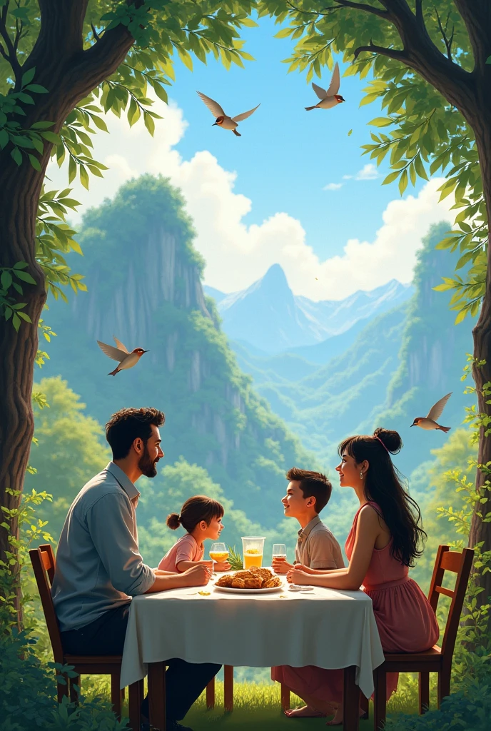 Bright morning, birds and their chirping on Saber sitting on tree branches and at the breakfast table, a family of four members, a father, a mother, a daughter, and a boy. They were amazed, quiet, and the smell of fresh bread all around the house, and they were sitting around the table. The space is wonderful from the distance, one sees the towering mountains and the old and beautiful trees.
