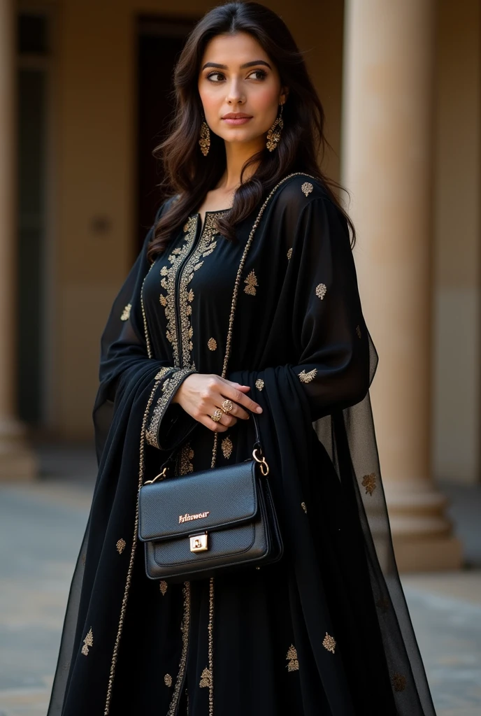 give me an indian women wearing black colour pakistani suit with a bag on bag pls write my brand name “femalewear” 