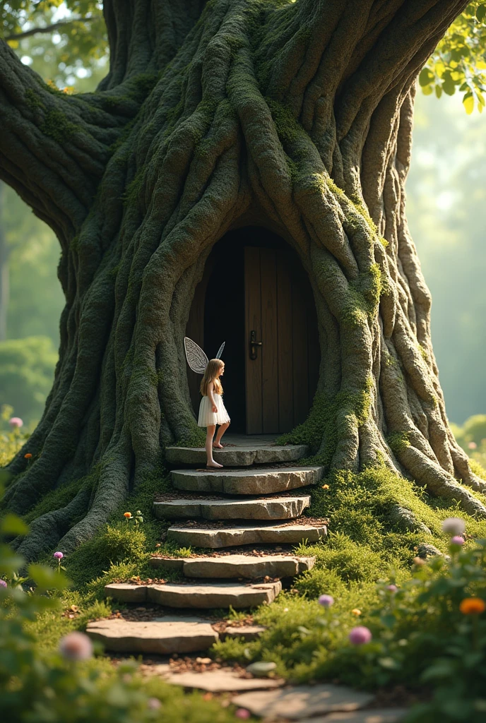 "A highly realistic treehouse integrated into the rough, ancient bark of a large, moss-covered tree, captured with the clarity of iPhone photography. The scene is natural and unpolished, with weathered wood and stones forming the steps leading to a rustic, wooden door at the top. The door is slightly ajar, revealing a small, shy fairy with delicate, semi-transparent wings that catch the light subtly. She is stepping down the stone stairs, glancing towards the camera with a hesitant, innocent expression. The fairy’s appearance is slightly otherworldly, with a faint, natural glow, but her presence blends seamlessly with the realistic, rugged environment. The background is a blurred, lush forest, with hints of wildflowers and natural foliage. The lighting is soft and natural, resembling an early morning or late afternoon sun. Ultra-realistic textures, iPhone photography style, detailed bark and moss, high-resolution, natural color palette, shallow depth of field, and subtle magical realism."