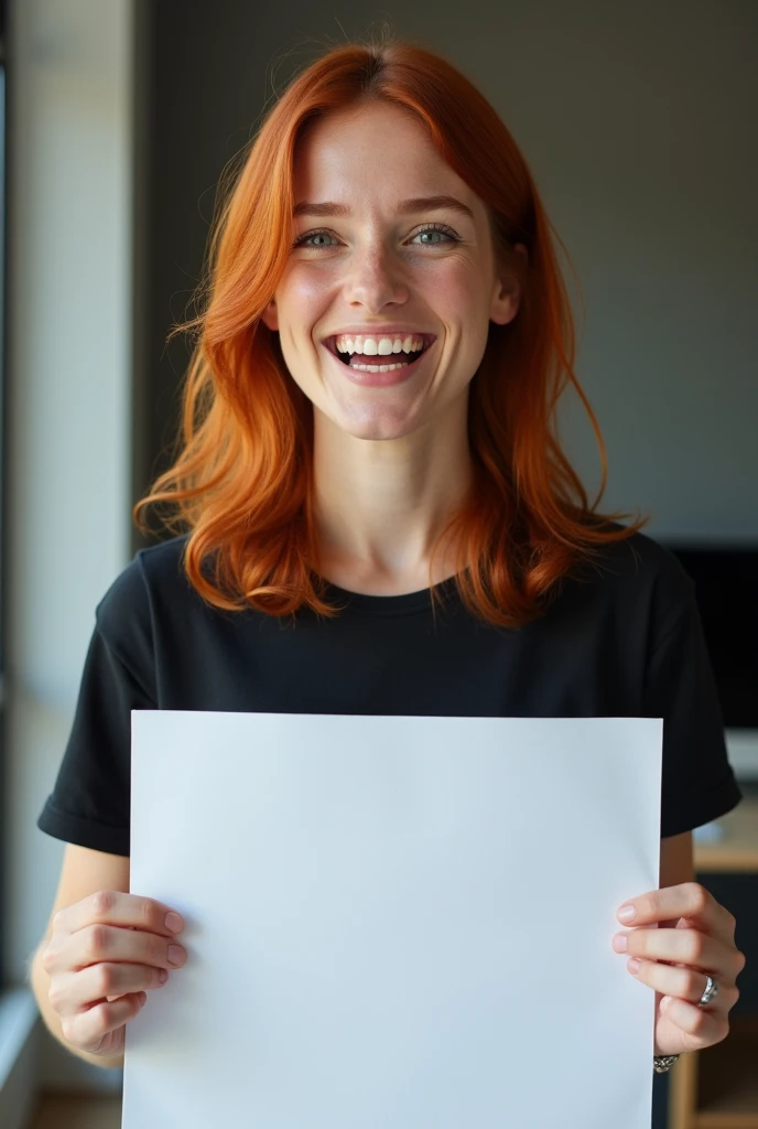 realistic natural human photo of a model in black t-shirt holding a poster size a4  , she smiling redhead woman, , woman with a shocked but happy face. modern and minimalist desktop background
