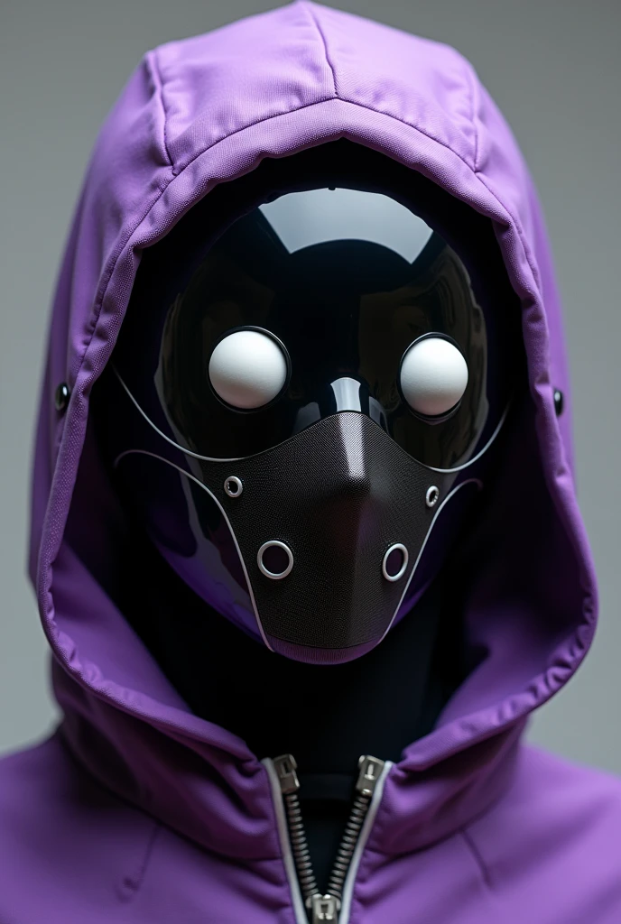 Generate an innovative design of the "helmet" of a female costume of "heroi" themed of "murderous" that he has a purple polyester hood with cotton, with white rubber lines and that it has a black steel mask with a resistant plastic front that the mask has balls that would be the white eyes made of methylene polyoxide and with small holes for breathing in the nose and mouth part of the mask