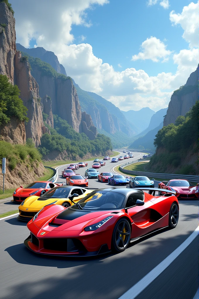 Create a track full of sports cars,one behind the other in a row 