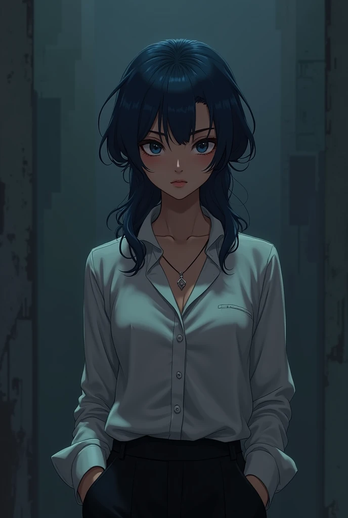 2D, androgynous, flat chest, pallete of dark colors, hair tied into low ponytail, jellyfish haircut, tan skin, very deep dark blue hair, casual formal outfit, photographer