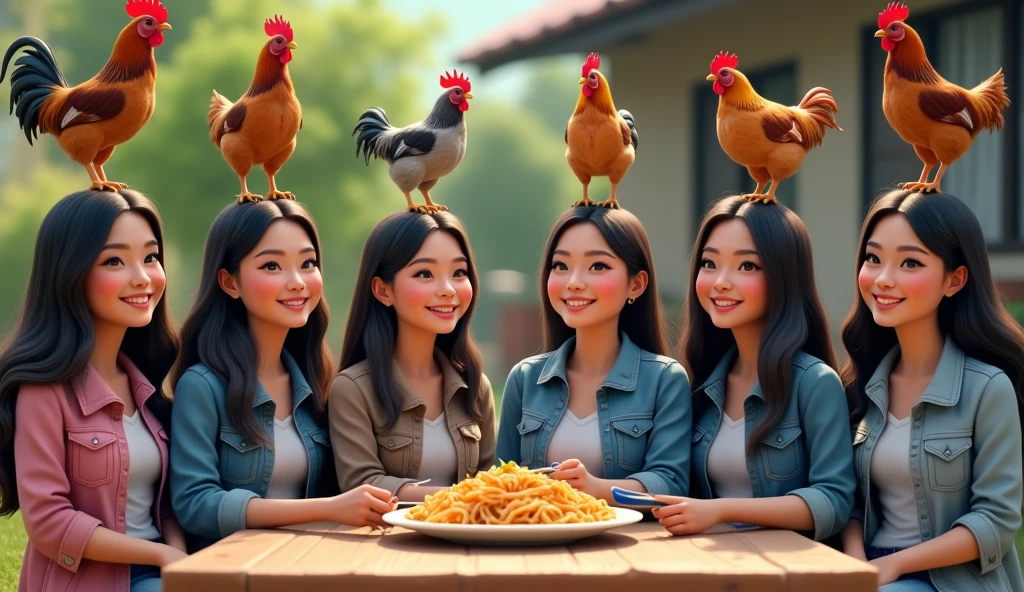 8 Beautiful Indonesian Women, his body is quite fat, fair skin, big nose, long wavy hair, wearing a denim jacket, long pants, wearing pink sneakers, sit down, eating position, on the table there is a plate of noodles and there are several free-range chickens standing on the woman's shoulders and head , happy faces all facing the camera, in front of the country house, morning mood, minimal defects, very detail, realistic, 8K picture