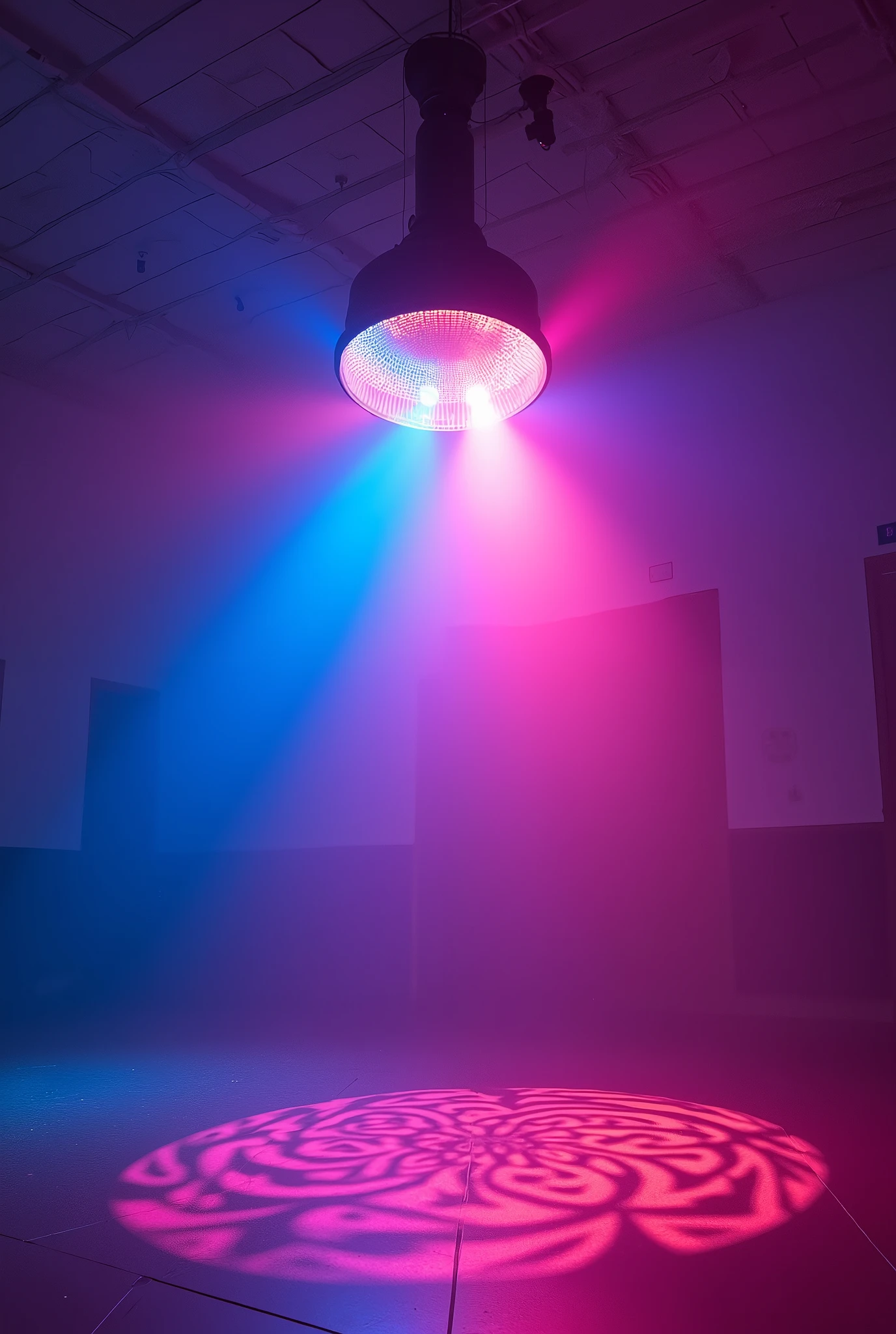 Unique RGB party-style light in various colors with a cannon reflector on the ceiling with just 1 light pointed at the entire party room covering a wide area


