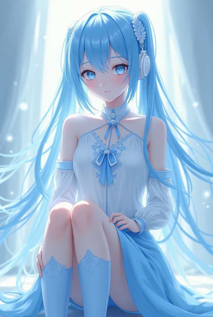 female character , with long blue hair, blue eyes , light blue and white shirt, light blue skirt, sky blue and white socks, sky blue boots, light blue and white headphones, and be an adult.
