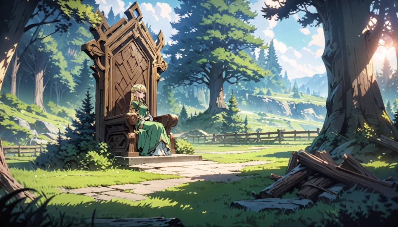  anime aestetics, anime scenery, green forest, throne made of wood, elf woman sitting on the throne, beautiful slim face, elven ears, long blonde hair, braid haircut, beautiful bright green dress, wearing golden tiara, bright day, landscape scenery, oak trees and pine trees on the background, wide shot, view from left, atmospheric perspective,4k, best quality, super detailed, (masterpiece: 1.5), 16k