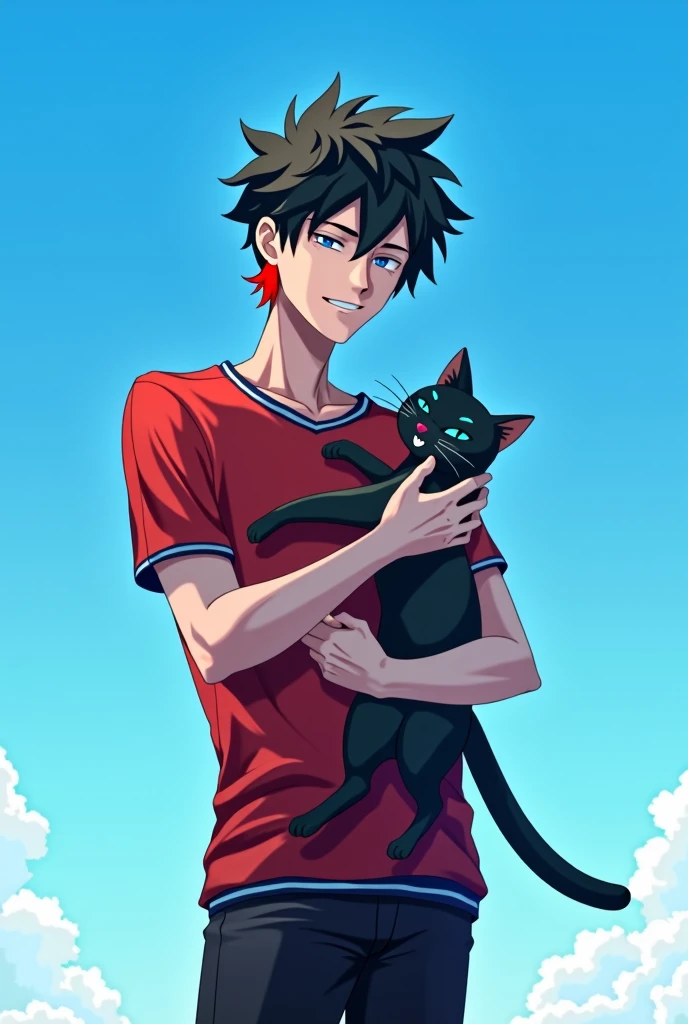Under the blue sky。A slightly tall man。Slender。Her hair is black, but the nape of her neck is dyed red.。Holding a black cat and smiling lightly。Slanted eyes and double teeth。Red jersey on top and black pants on bottom。