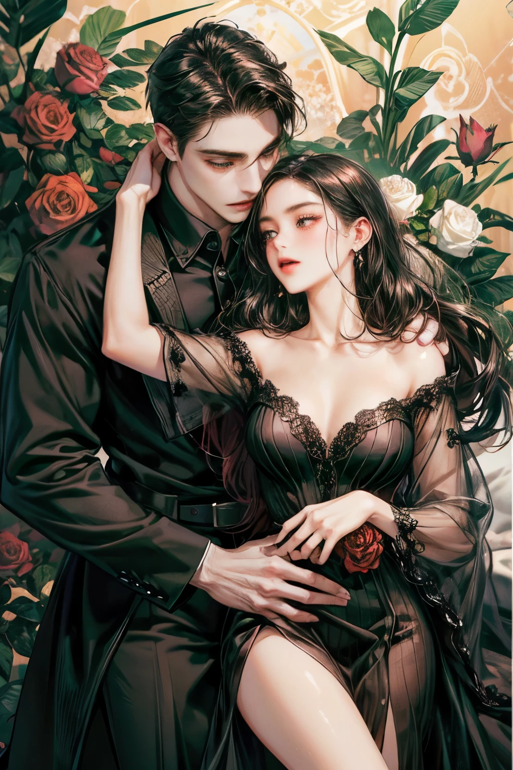 high resolution, Masterpiece, Anatomically correct, best quality, Honored many times, details, detailsสูง, โมเดลhigh resolution, realistic textures, high resolutionสุด, lover , rose garden, Man, black hair, black and white shirt with open chest, Women, black hair, long hair, red dress, sexy, Mouth open, shut your mouth, brown eyes, Rose background