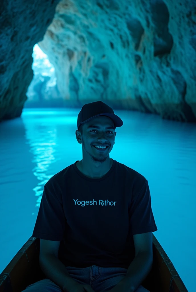 (masterpiece:1.2,Exceptional Quality,mirror-like,Cinematic Experience),8k,wallpaper,Italy,Grotta Azzurra,(Diffuse reflection of light:2.0),a 18 year younger boy sitting on boat, the boy wearing black cap and black tshirt, YOGESH RATHOR name on the tshirt, The boy clear face,cut smile,