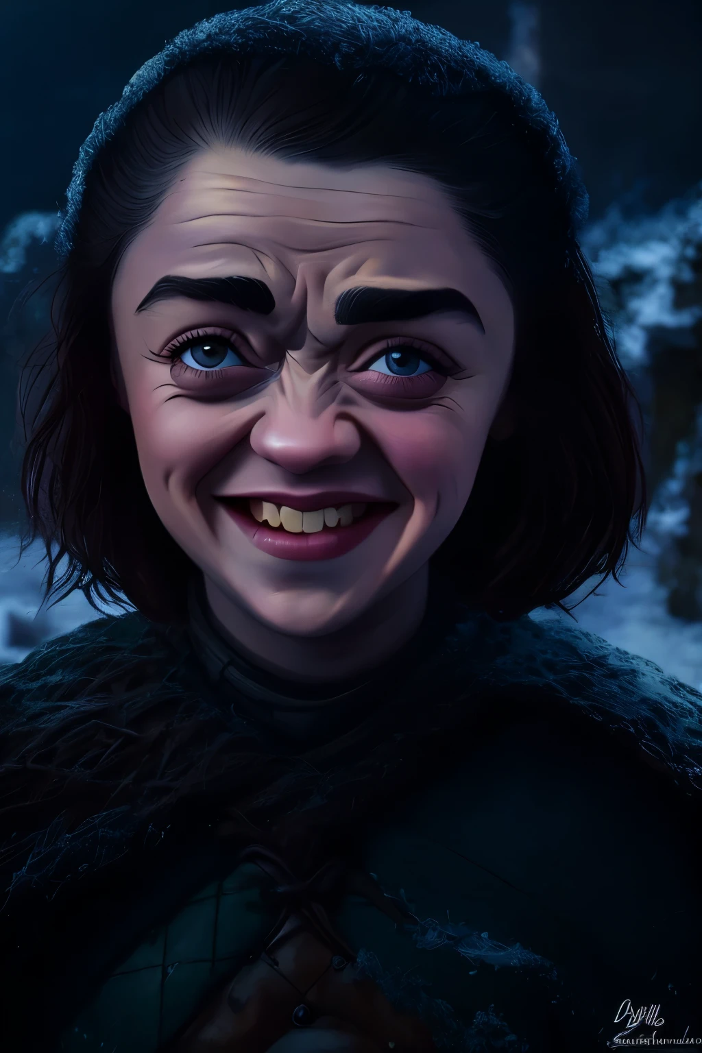 A (((caricature of Arya Stark))) has a girl floating in the snow, exaggerated facial features with large eyes and a wide, blissful smile, long flowing hair with flowers and beads, wearing vibrant tie-dye clothing, surrounded by colorful birds, surreal and dreamy atmosphere, clouds and stars in the background, psychedelic patterns swirling around, cartoon style, bright and vivid colors, peaceful and euphoric expression, dynamic and whimsical pose, highly detailed, (masterpiece: 2), best quality, ultra highres, original, extremely detailed, perfect lighting. ((Winterfell castle background)).
