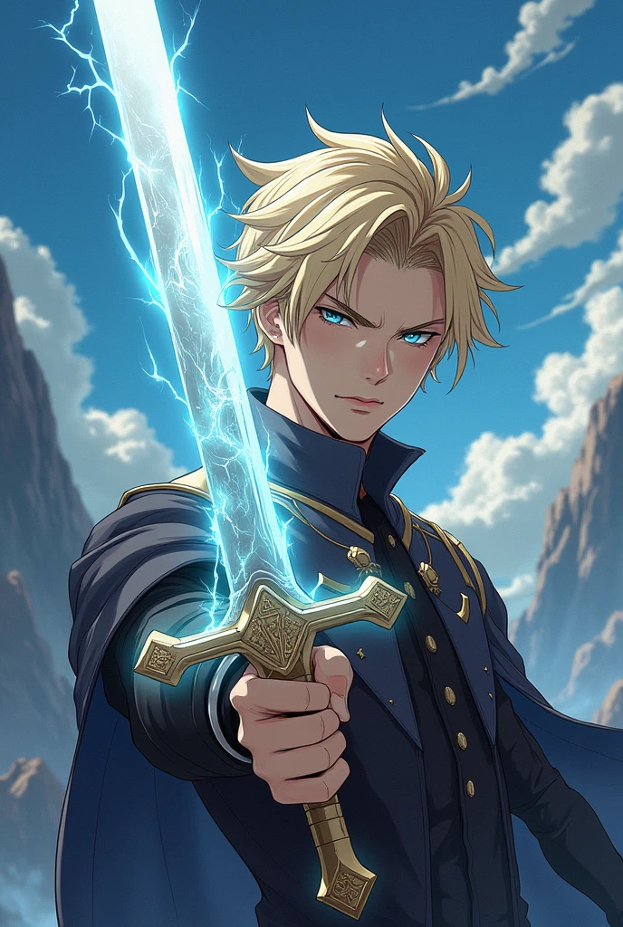 Blonde male character named Chagas who has the sword with the power to detect evil anime style drawing