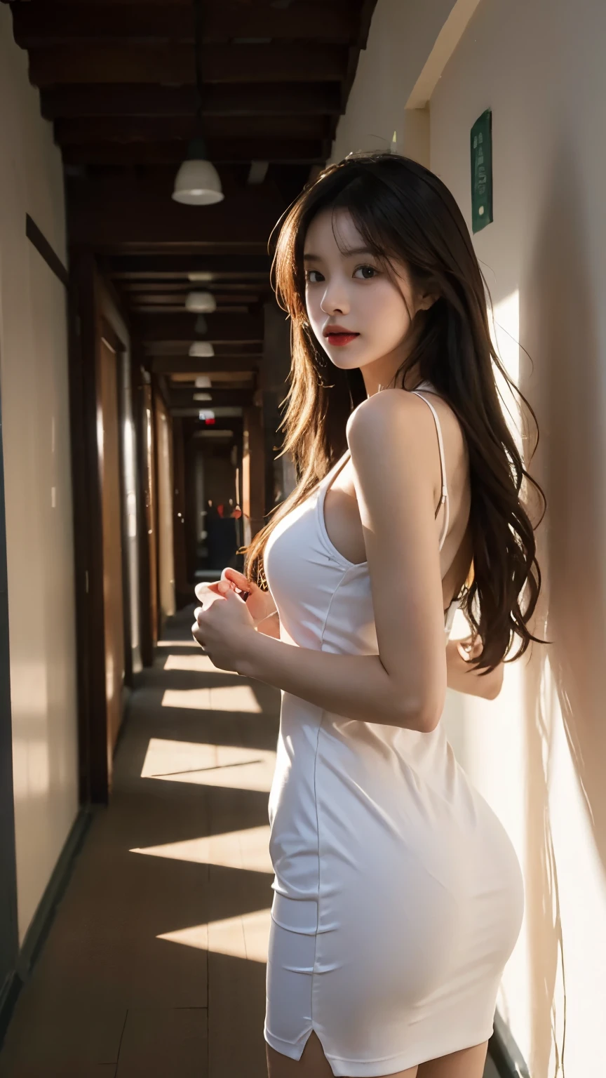 1 Girl,corridor,Soft Light,Chinese Beauty,Tight Fit,dress,Dark-haired,long hair,