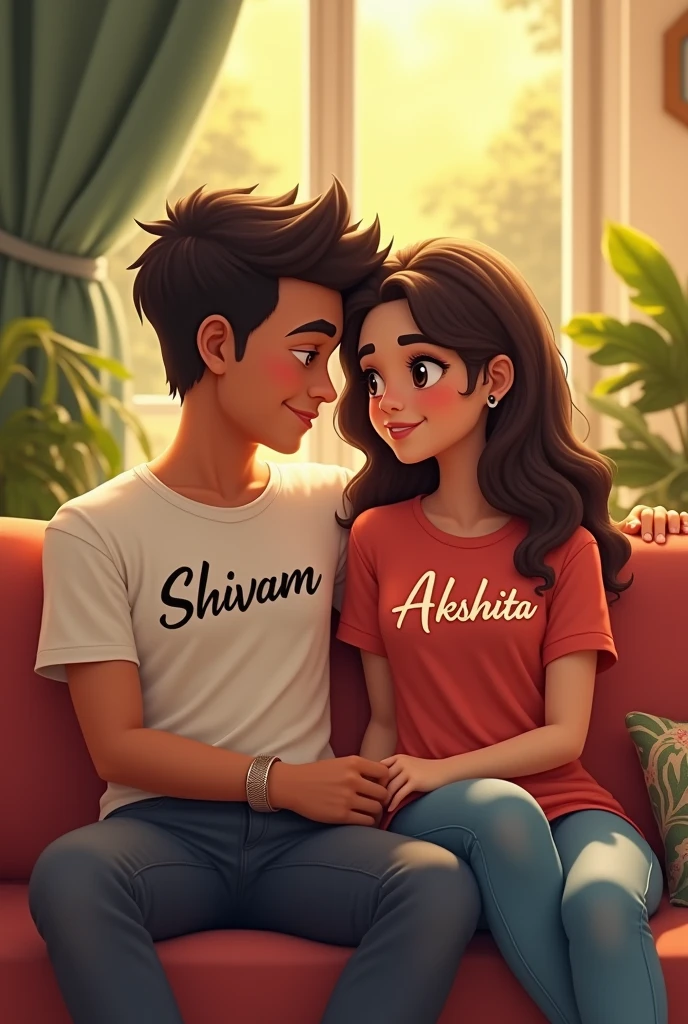 A men name shivam and a girl name akshita sitting and there t shirt has printed mamen name shivam and girl name akshita