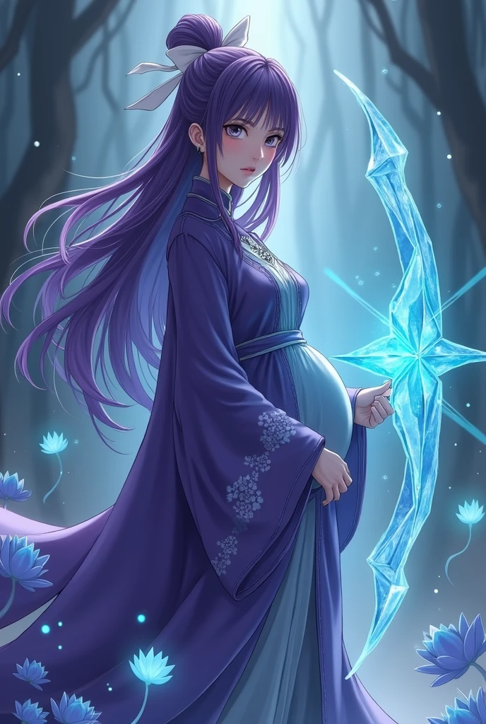 , A 2 young magician with purple hair that flowed down to her waist and captivating gray eyes., He wore a purple robe decorated with lotus flower borders., and her straight hair was always tied back with a white bow. She was known for her skill in magic and for her unique weapon.: an ice arch called Iris, with which he defended his world from the shadows that threatened to invade it. I was 7 