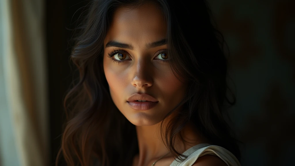 a beautiful mysterious Indian woman, Western fashion, intricate detailed face, piercing eyes, long eyelashes, delicate skin, natural beauty, flowing hair, candid elegant pose, dramatic lighting, cinematic mood, muted color palette, chiaroscuro lighting, high quality, photorealistic, 8k, intricate details, professional rendering