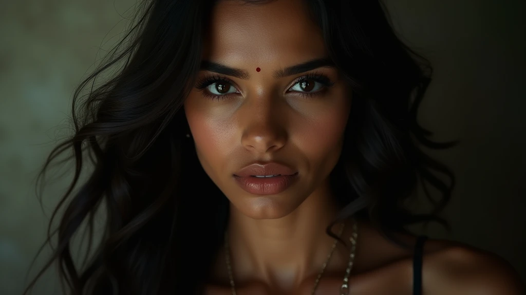 a beautiful mysterious Indian woman, Western fashion, intricate detailed face, piercing eyes, long eyelashes, delicate skin, natural beauty, flowing hair, candid elegant pose, dramatic lighting, cinematic mood, muted color palette, chiaroscuro lighting, high quality, photorealistic, 8k, intricate details, professional rendering