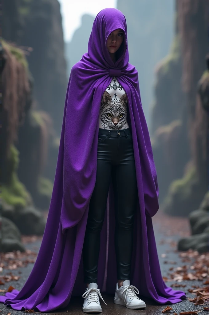 Character ff, purple cloth on the face, cat's chest, black pants, and white sneakers