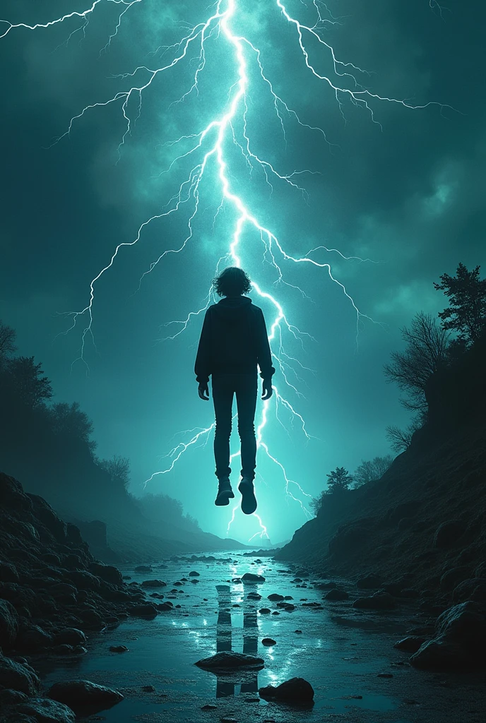 shapeshifting Dark galaxy Thunders and dark galaxy like background as a teenage boy dressed as a emo falls from the sky in a backward falling position his face is casted by a shadow and a thunder is striking him, the ground is a glass reflecting the boy falling the sky author：Zdzislaw Beksinski和Van Gogh, album covers, dark, surrealism, Futuristic , Heavy Metal, liquid, coral, abstracted, Dark, Blue, Cyan, Green, Dark, faded, landscape