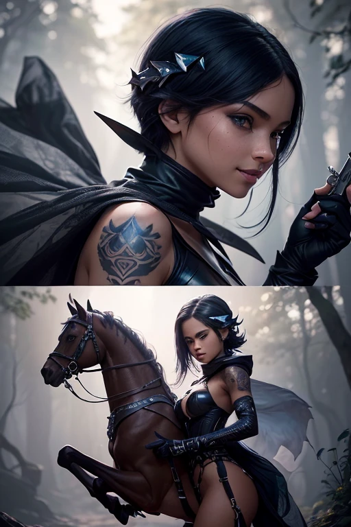 A young assassin girl with European features, riding a animal, lovely charming face, having onyx blue skin tone pigmenting texture , ( full body perfect detailed masterpiece), ( dark skin tone texture masterpiece ), (tomboyish hairstyles look), ( having a illuminating onyx blue crystalized wavy short hair ), ( has a artistic tattoos ),(( wearing helmet of assassin's design)), (smiling, with exposed teeths showing open mouth)(perfect full body detailed anatomy), (Super accessories detailed), (fighting pose), (perfect detailed crystal Gray sparkling eyes),(wearing illuminating gemstone crystalized accessories hair), ((expose big hard erect nipples))(( exposed panty, with pussy clitoris exposed and slip showing))((legs wide open showing pussy line))(( Wearing transparent illuminating see thru assassin's costume )), (( holding a deadly knife)), (( illuminating different lights covering the sorrounding atmosphere forest with a misty shadow effects showing)) ruins back Alleys with many flora and fona rarity, on its back wearing assassin's cape detailed design, has deadly presence, ((having 7 different perspective view of that same girl & face profile sheet character style ))