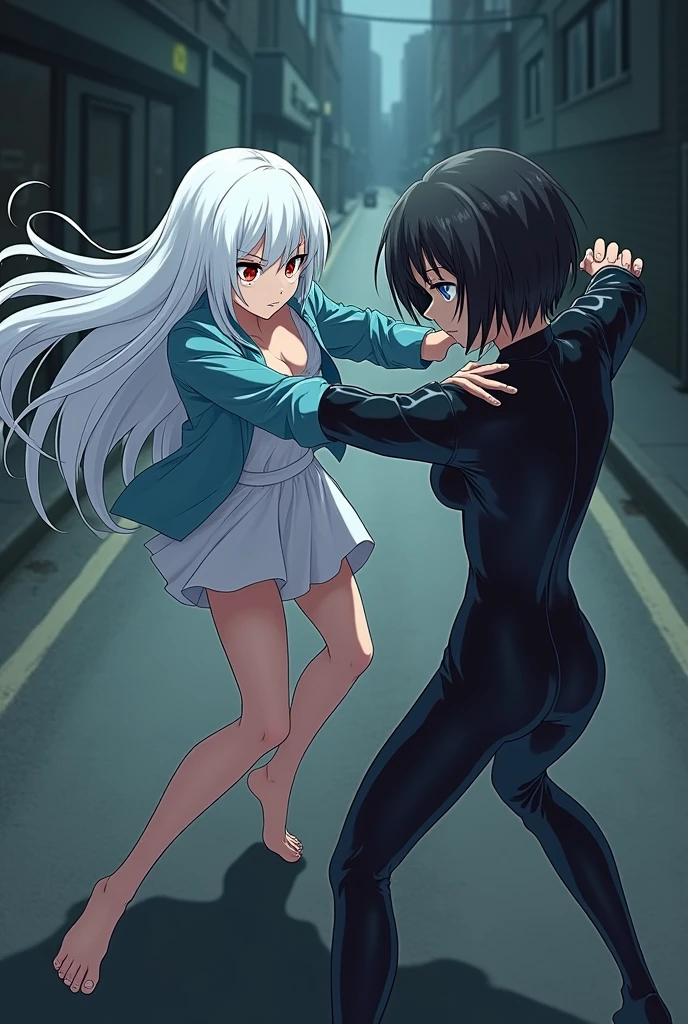 The image is anime style Darker than black with shadows and dim lights, anime style although somewhat adult and dark, It shows a scene of the roads of a city. In the image, an albino with long white hair and red eyes is fighting., She is wearing a short white dress and a small light blue jacket and has bare feet., against a female android who has short black hair and a latex suit and one blue eye and the other brown. They fight bare-knuckle on the road. They are in combat stances. The image is focused from above, so you can barely see the fighters in question. Only they are in the picture. They are hitting each other very hard